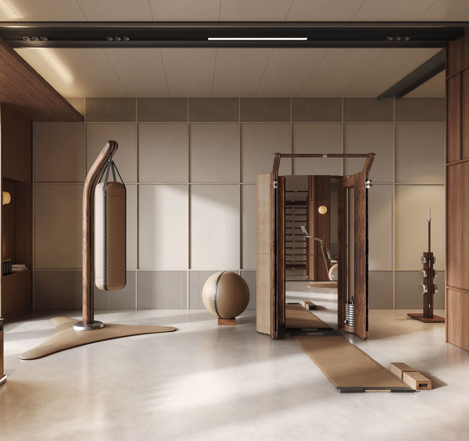 Salle de fitness avec équipements d’entraînement en bois