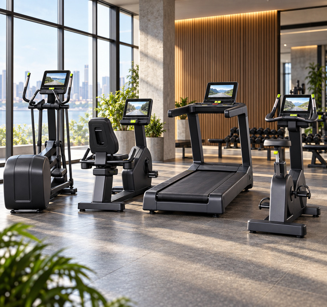 Illustration non contractuelle de plusieurs appareils de cardio en salle de fitness