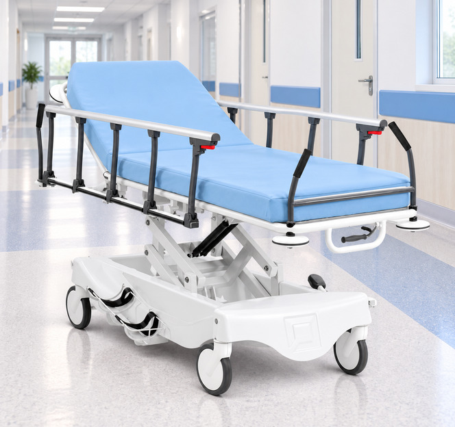 Illustration d’un brancard médical réglable dans un couloir hospitalier